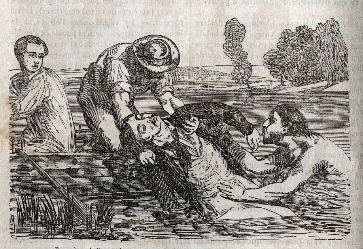 طب الحوادث - من أكثر وسائل الراحة الفعالة التي يجب إعطاؤها للغرقى - لإزالة رجل يغرق من الماء ، عليك القيام بذلك بأكبر قدر ممكن من الراحة - نقش في "La Sante Universelle - Guide Medical des Families" 1852 بواسطة فنان غير معروف