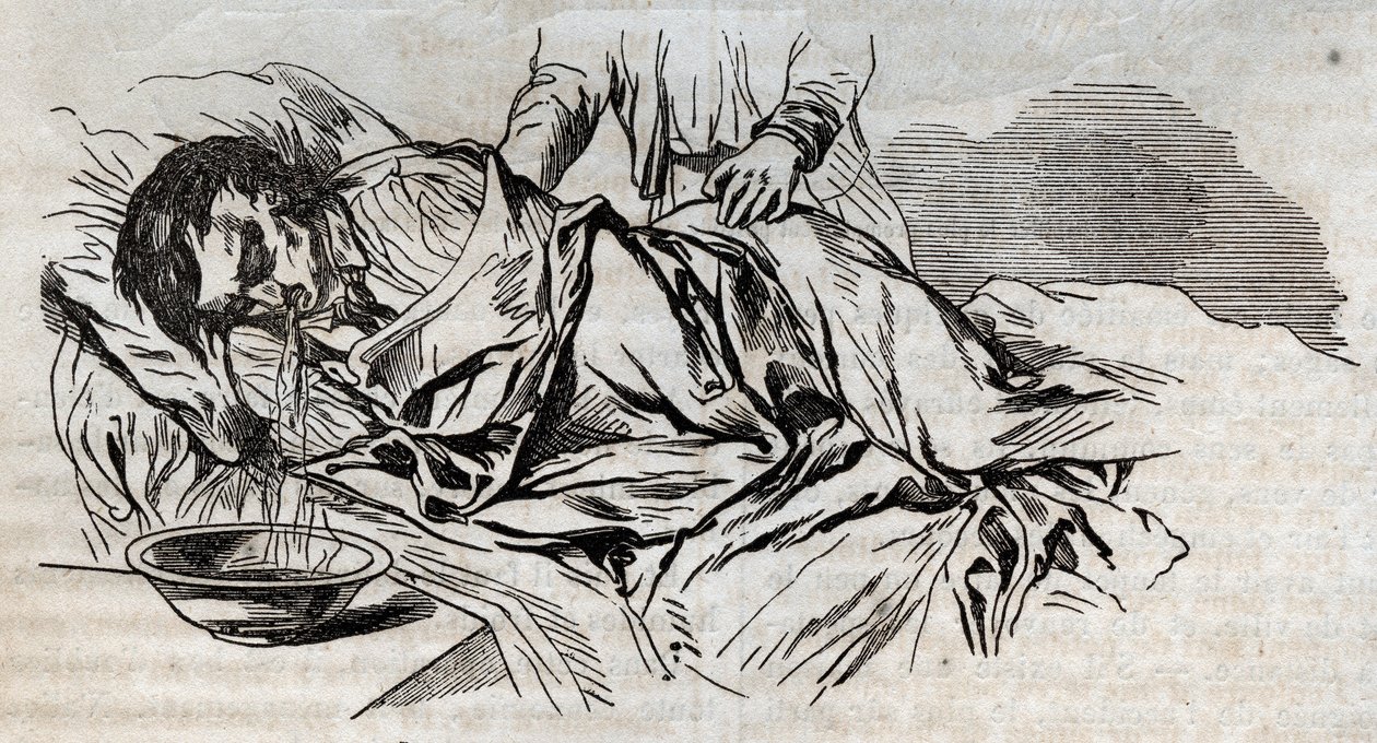 طب الحوادث - من أكثر وسائل الراحة فاعلية لمنح الغرقى - حفاضات الجوز على الجانب وقيء الماء الذي شربه - نقش في "La Sante Universelle - Guide Medical des Familles" 1852 بواسطة فنان غير معروف