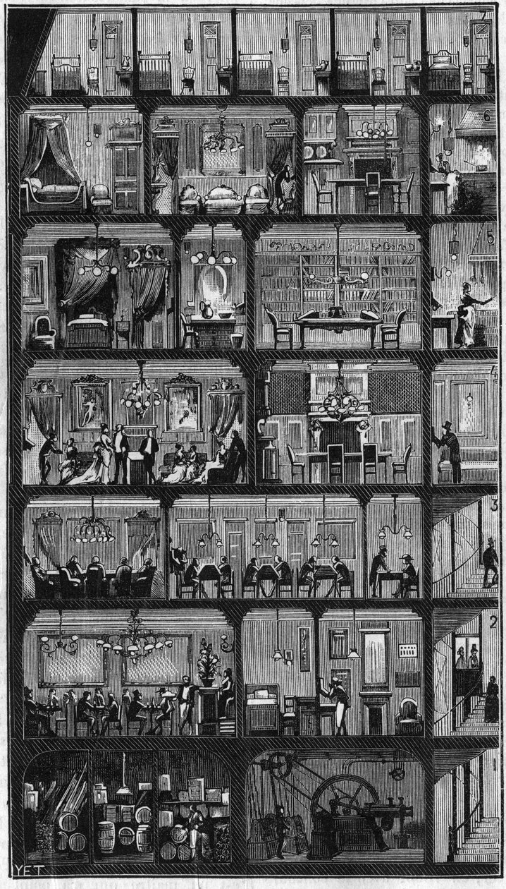 الإقامة في باريس - المقطع العرضي لمبنى Haussmann في باريس عام 1885. في الطابق العلوي الغرف الجيدة وفي الطوابق الأخرى والمكاتب والشقق وغرفة الاستقبال (الاجتماعات). نقش في "" La Nature. مراجعة العلوم وتطبيقاتها على بواسطة فنان غير معروف