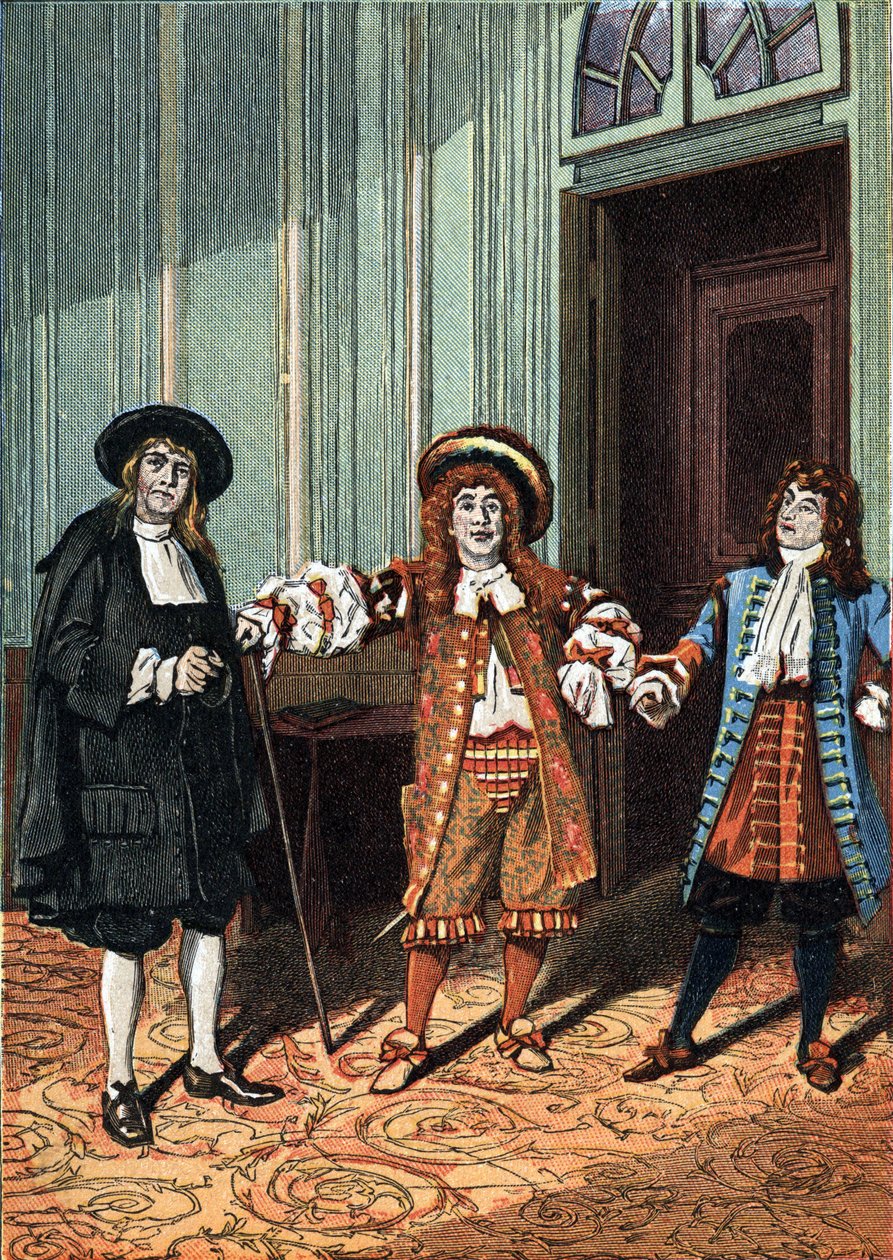 الفصل الثاني من الباليه الكوميدي "Le Bourgeois Gentilhomme" في خمسة أعمال نثرية لموليير. سيد الفيلسوف (السيد لينوار) ، سيد الرقص (السيد تروفييه) ، السيد جوردان (السيد كوكلين الأصغر). حوالي عام 1890. بواسطة فنان غير معروف