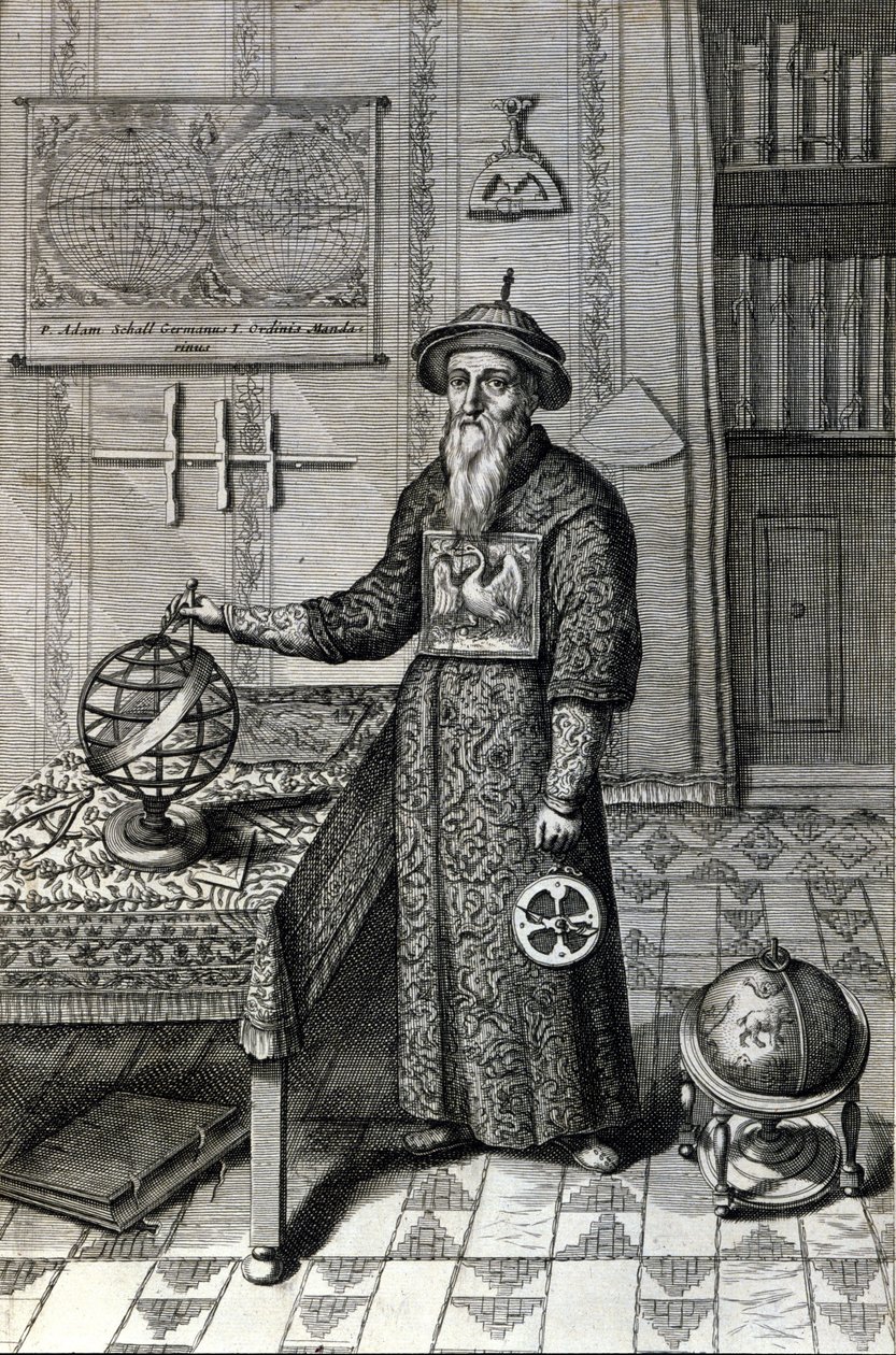 آدم شال ، عالم فلك (1592-1666) يرتدي زي الماندرين في مرصد بيكين ، في "الصين" لأثاناسي كيرشر (أو أثناسيوس كيرشيري) بواسطة فنان غير معروف