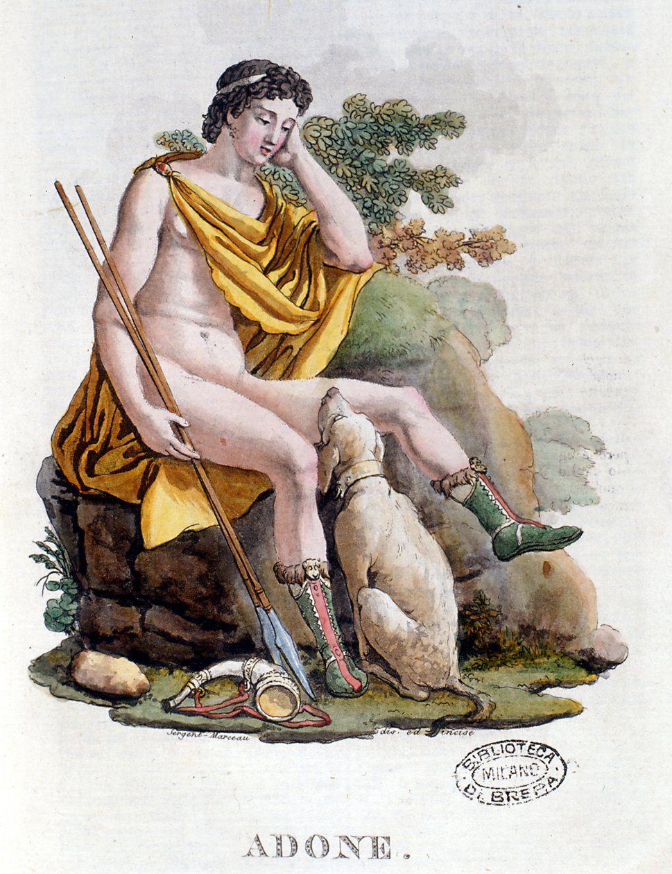 أدونيس. إله يوناني من أصل فينيقي. نقش القرن التاسع عشر. Biblioteca nazionale Braidense. ميلان بواسطة فنان غير معروف