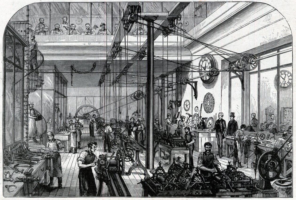 أعلن عن ساعات Benson الإنجليزية المعقدة ذات القوة الخاصة - ورش العمل على مدار الساعة في Ludgate Hill في JW Benson of London. 1898 بواسطة فنان غير معروف