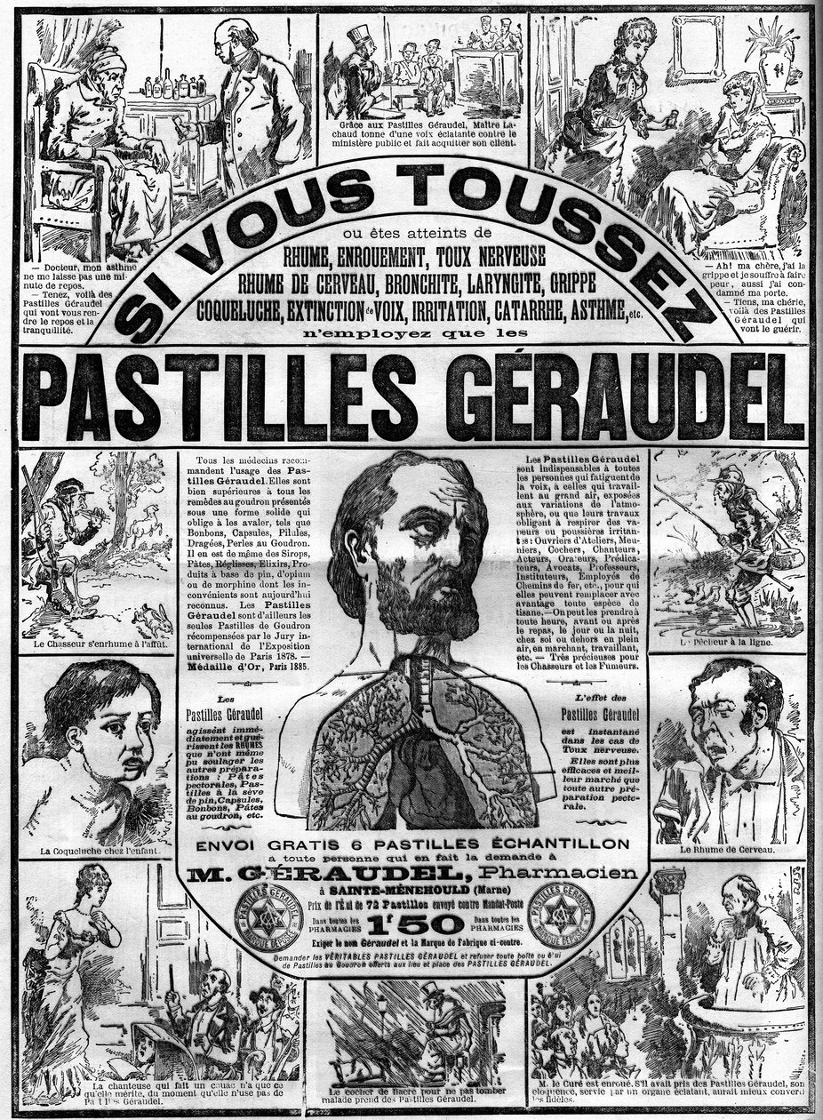 إعلان عن أقراص Geraudel للصيدلي Arthur Geraudel (1841-1906) وهو Sainte-Menehould (Sainte Menehould) ضد السعال. نقش في "" Le monde اللامع "" بواسطة فنان غير معروف
