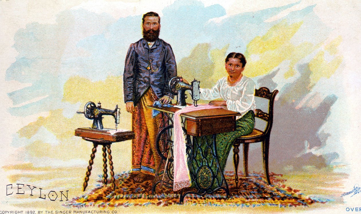 إعلان عن ماكينات الخياطة سينجر ، سيلان (سيريلانكا الحالية). 1892 بواسطة فنان غير معروف