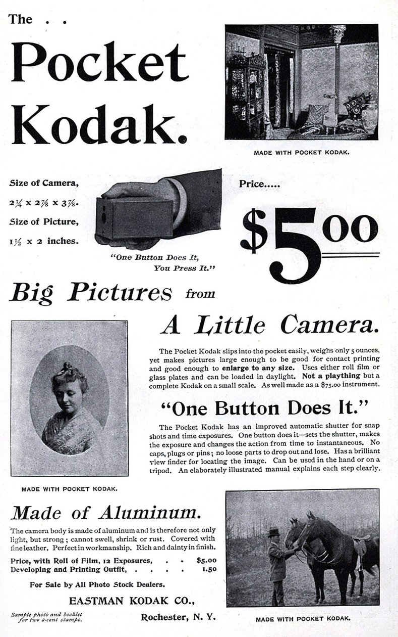 إعلان عن كاميرا الجيب كوداك. (Pocket Kodak) 1895. مجموعة خاصة. بواسطة فنان غير معروف