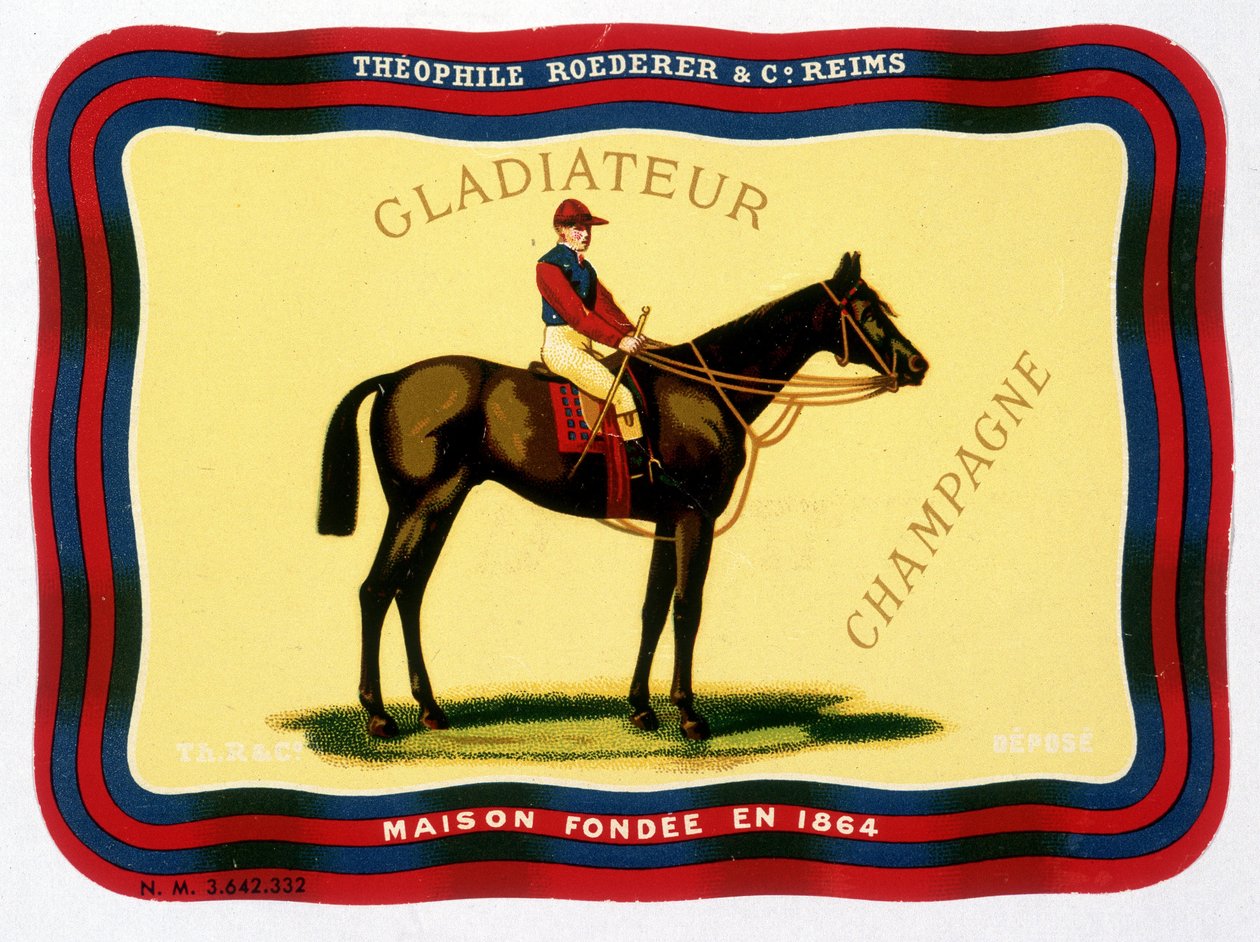 ملصق إعلاني لـ "" Gladiateur Champagne - Théophile Roederer & C. Reims - منزل تأسس عام 1864 ””. الطباعة الحجرية الملونة و. بواسطة فنان غير معروف