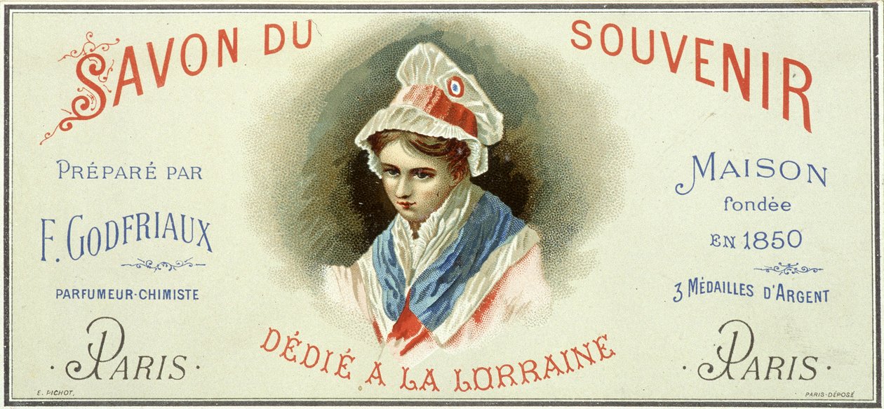ملصق إعلاني لـ "Soap du souvenir ، من إعداد F. Godfriaux - Maison التي تأسست عام 1850". الطباعة الحجرية الملونة في القرن التاسع عشر. بواسطة فنان غير معروف