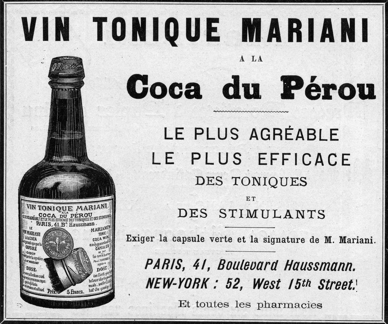 إعلان عام 1889 عن "" منشط النبيذ Mariani a la coca du perou "(كوكايين) بواسطة فنان غير معروف