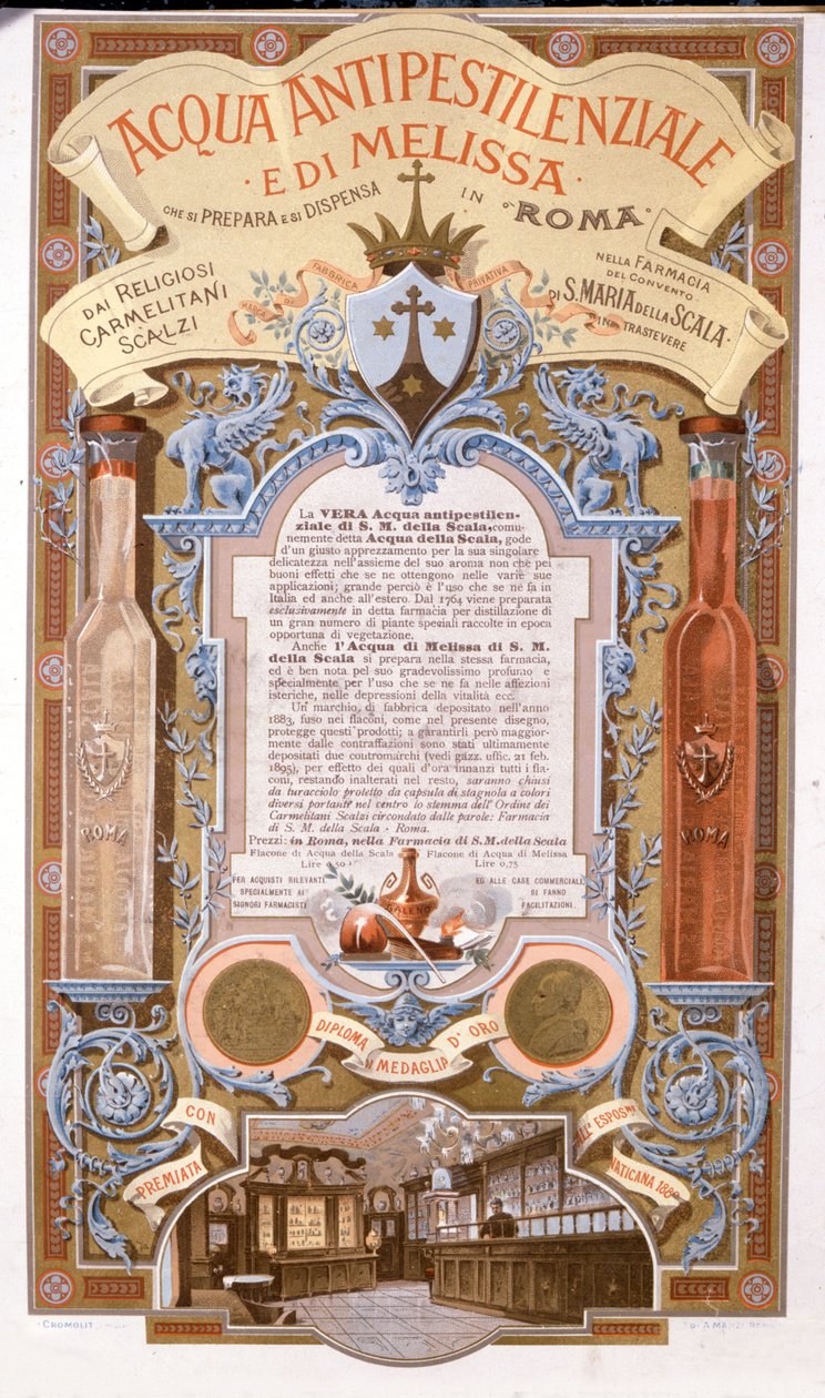 الإعلان عن المياه المعطرة: الماء ضد وباء بلسم الليمون. الطباعة الحجرية الملونة لعام 1895 بواسطة فنان غير معروف