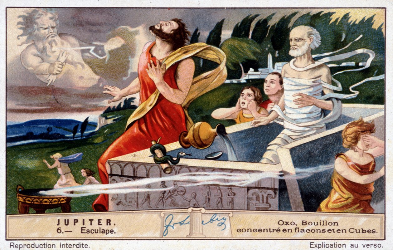 يموت Aesculapus ، فجره كوكب المشتري ، لإحياء الموتى - Oxo chromolithography ، أنتج Liebig بواسطة فنان غير معروف