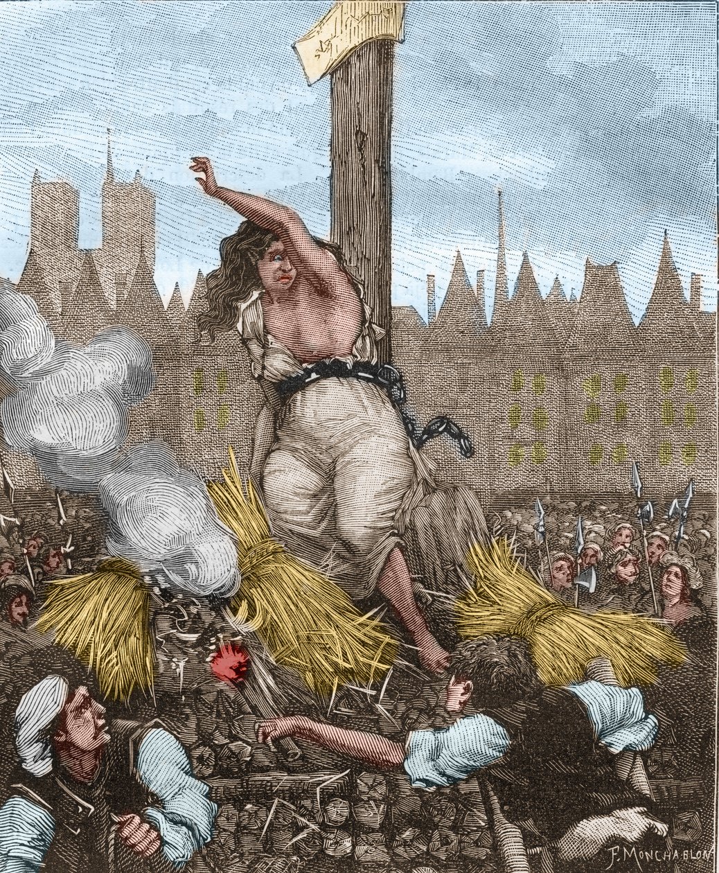 Affaire des Poisons: وُضعت كاثرين ديشايس ، زوجة Monvoisin والمُلقبة بـ La Voisin (1640-1680) على الجزار ، جالسة ومربوطة بالحديد ؛ شتمت وصدت القشة - في فيلم "Paris a travers les siecles" لكينوياك بواسطة فنان غير معروف