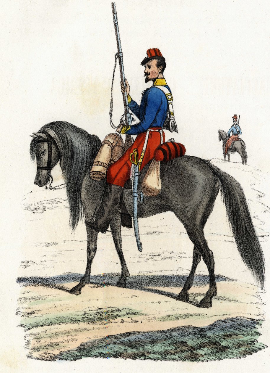 صياد أفريقي يمتطي حصانًا ، فوج تأسس عام 1831 وكان موجودًا في الجزائر عام 1832. في "" Storia d'Algeri "، ليون غاليبرت ، المجلد 2 بواسطة فنان غير معروف