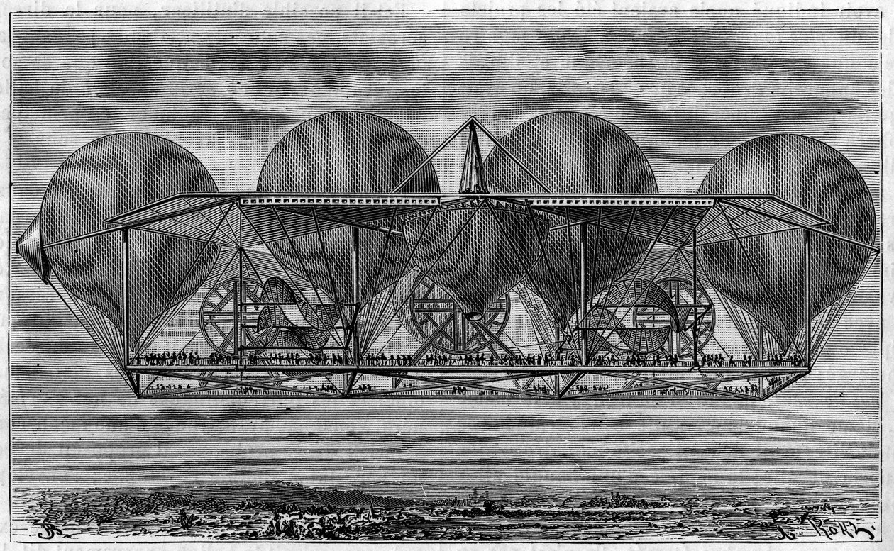 مشروع المنطاد للمخترع إرنست بيتين 1812-1878). نقش في "مجلة الشباب" بواسطة فنان غير معروف