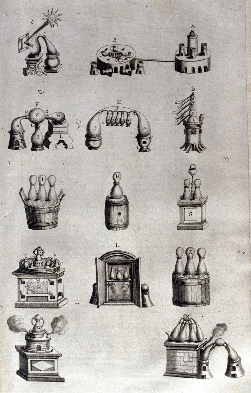 الكيمياء: لوح يمثل نماذج مختلفة من أجهزة التقطير والصور الثابتة. Athanase Kircher (أو Athanasius Kircheri 1602-1680) ، اليسوعي الألماني. نقش القرن السابع عشر. بواسطة فنان غير معروف