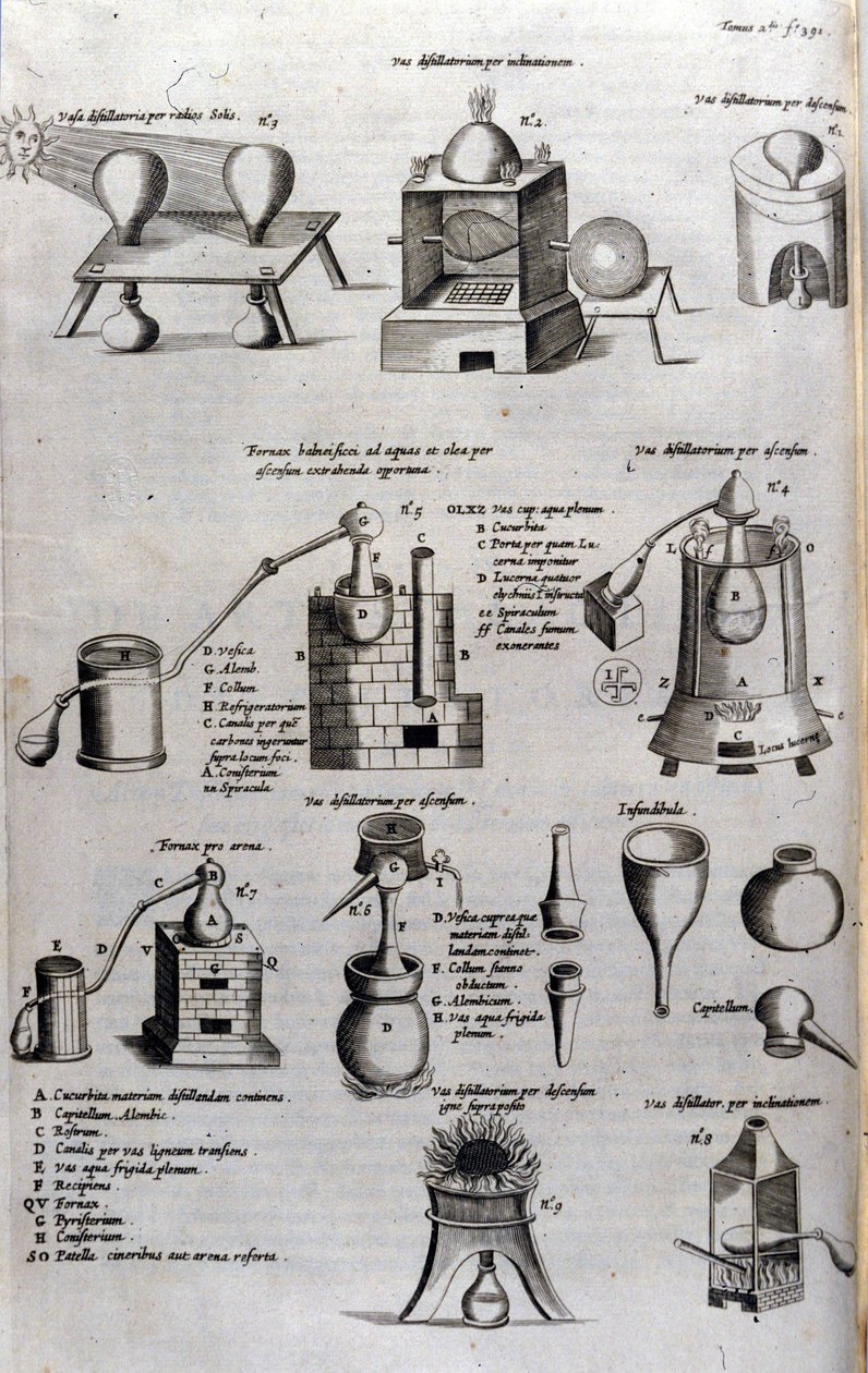 الكيمياء: لوح يمثل نماذج مختلفة من أجهزة التقطير والصور الثابتة. Athanase Kircher (أو Athanasius Kircheri 1602-1680) ، اليسوعي الألماني. نقش القرن السابع عشر. بواسطة فنان غير معروف