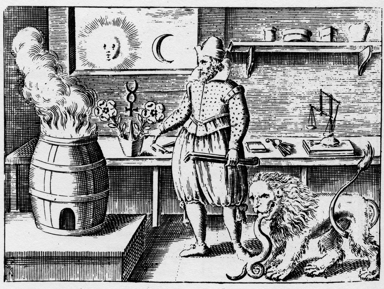 Alchimie - La flamamme - نقش عام 1659 في "L'Azoth des Philosophes" ، باسيل فالنتين (Basilius Valentinus) راهب بندكتيني من القرن الخامس عشر بواسطة فنان غير معروف