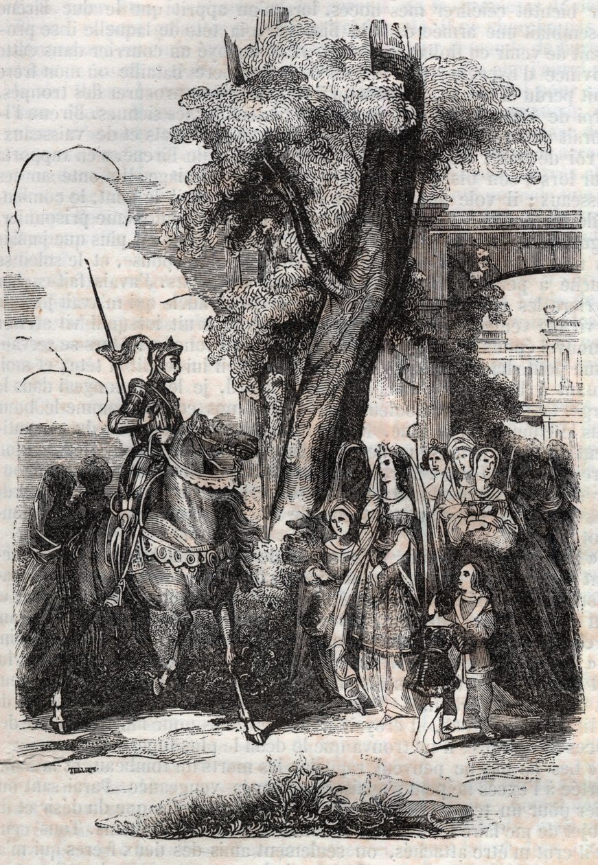 تأتي ألسينا ومحكمتها لتحية روجيرو - نقش عام 1851 من قصيدة أورلاندو فوريوسو (1516) للودوفيكو أريوستو - طبعة مترجمة من الإيطالية بواسطة كونت تريسان ونشرها غوستاف هارفارد 1851 بواسطة فنان غير معروف