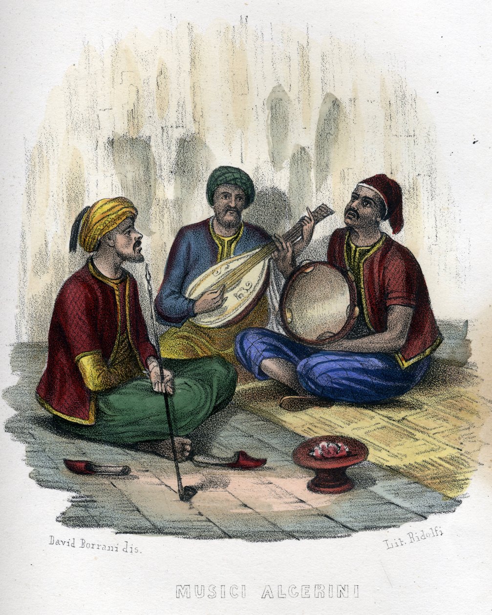 موسيقيون جزائريون. في "الجزائر القديمة والحديثة" بقلم ليون غاليبرت. الطبعة الايطالية 1846 لون. بواسطة فنان غير معروف
