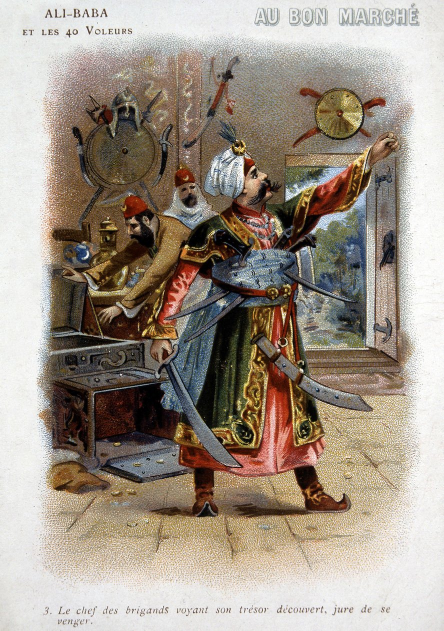 علي بابا (علي بابا) والأربعون حراميًا (حكايات الألف ليلة وليلة): رئيس اللصوص وهو يرى كنزه مكشوفًا ، يقسم بالانتقام - كرتون "المسيرة الطيبة" ، أواخر القرن التاسع عشر بواسطة فنان غير معروف