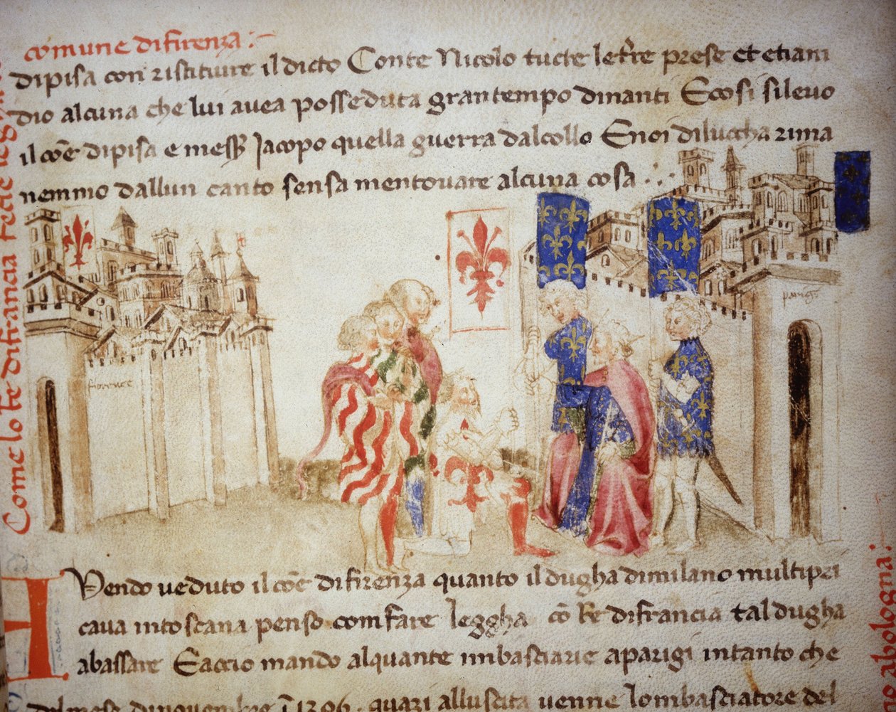 تحالف ملك فرنسا ، شارل السادس ، مع بلدية فلورنسا عام 1396 - في "" Croniche del Sercambi "، حوالي 1400. الأرشيف الوطني ، لوكا. بواسطة فنان غير معروف
