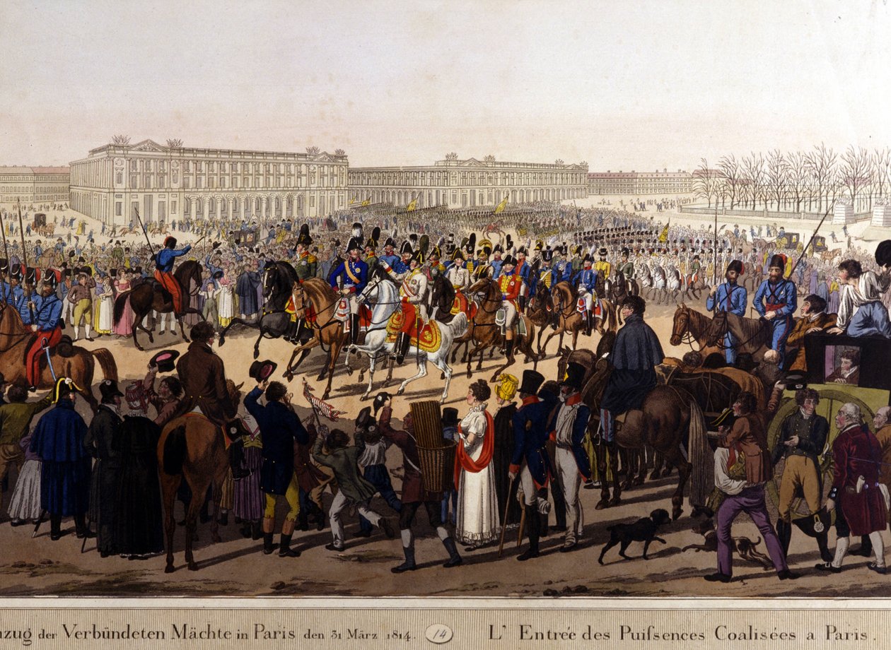 دخل الحلفاء باريس في 31 مارس 1814 (روسيا الإسكندر الأول والإمبراطور النمساوي فرانسيس جوزيف الأول والملك البروسي فريدريك ويليام الثالث.) نقش القرن التاسع عشر بواسطة فنان غير معروف