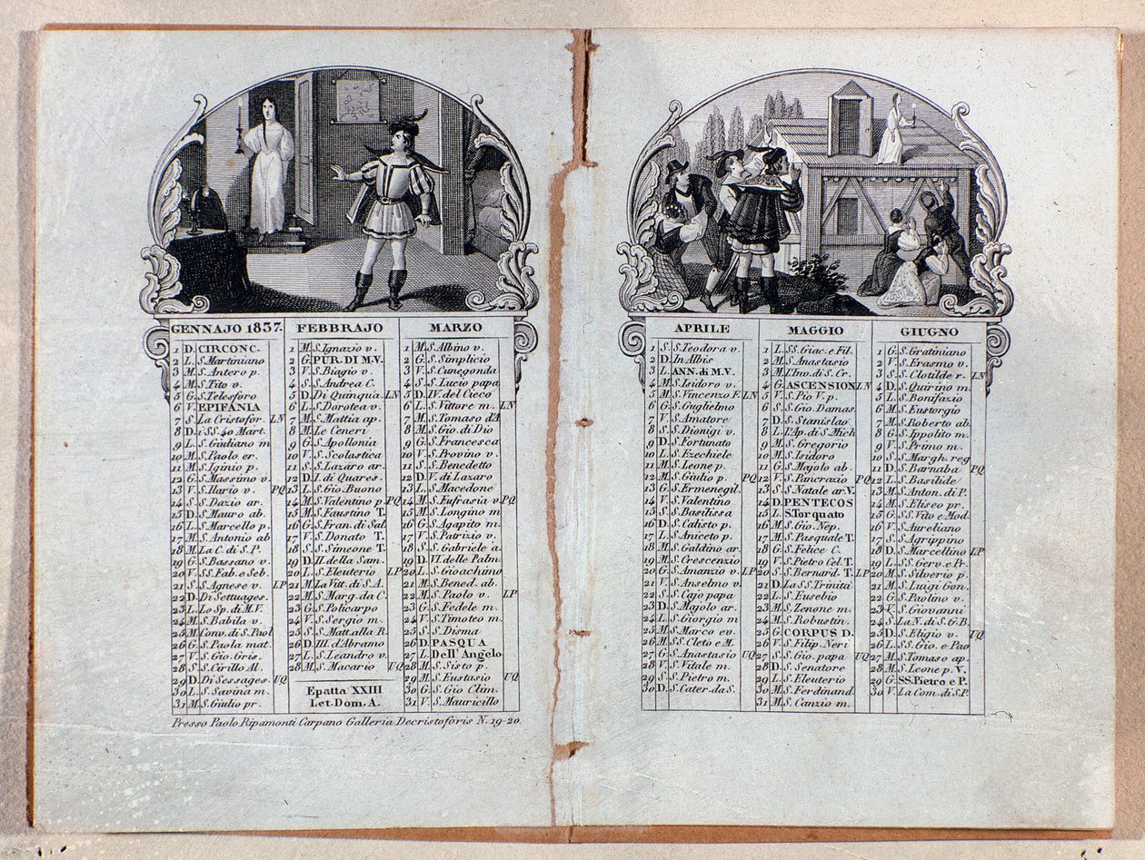 التقويم التقويمي لعام 1837 مشاهد مزخرفة لأوبرا لا سونامبولا ، بواسطة فينسينزو بيليني بواسطة فنان غير معروف