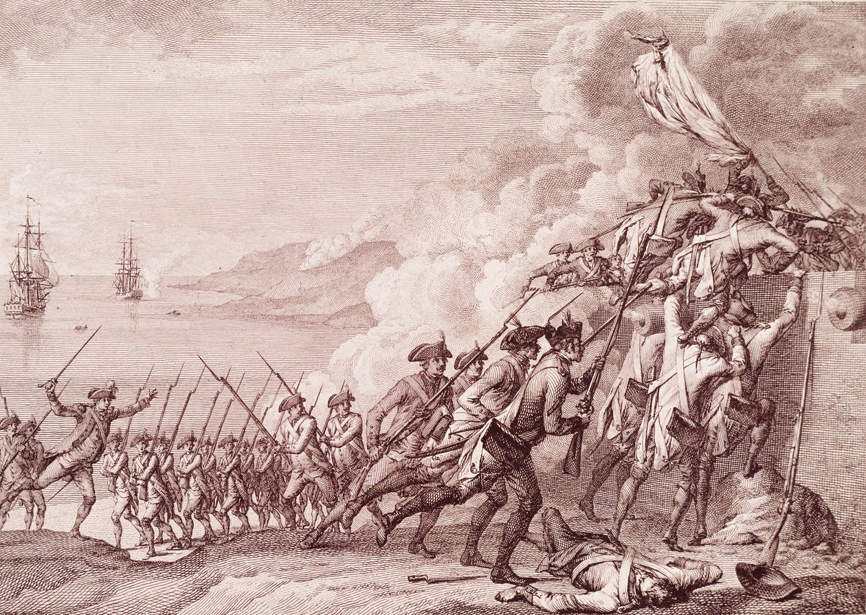 الحرب الثورية الأمريكية: غزو دومينيكا من قبل الجيش الفرنسي في 7 سبتمبر 1778 (نقش بواسطة فنان غير معروف