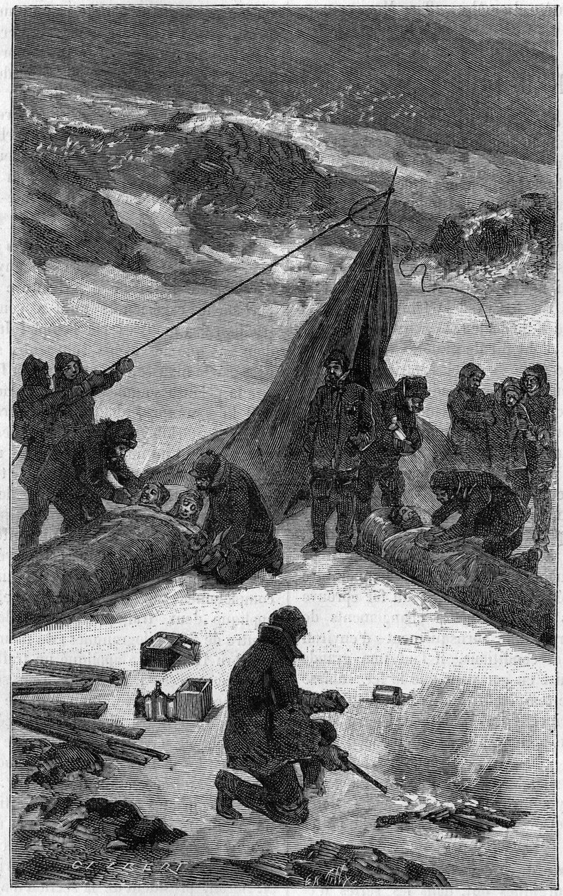 رحلة استكشافية أمريكية إلى ليدي فرانكلين باي (1881-1884): إنقاذ الطاقم. نقش في "" الطبيعة: مراجعة العلوم وتطبيقاتها في الفنون والصناعة "بتاريخ ٢٢ يونيو ١٨٨٩. بواسطة فنان غير معروف