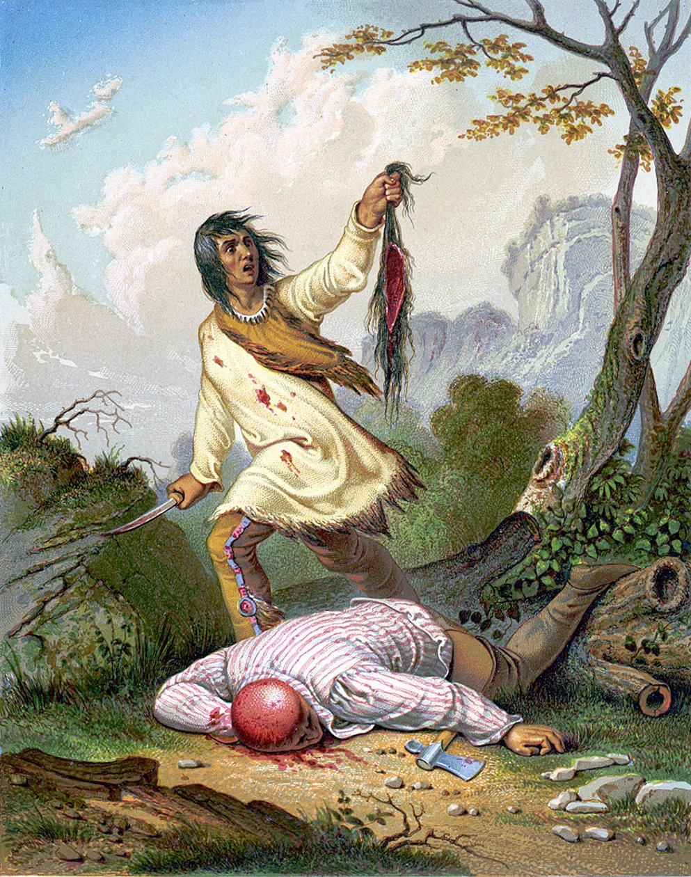 هندي أمريكي يحمل سكينًا وفروة رأس على رجل ملقى على الأرض. نقش v. 1860. بواسطة فنان غير معروف