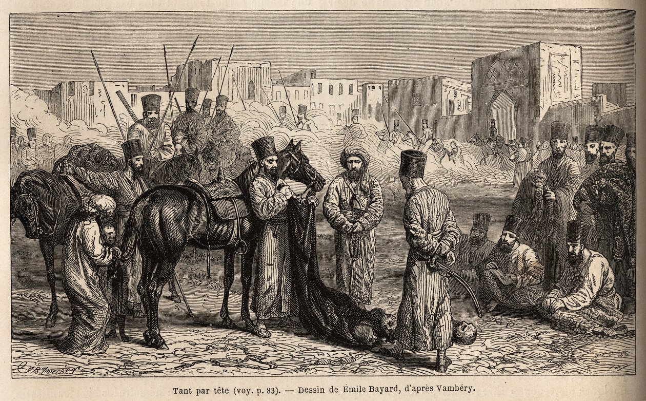 محاسب الخان ، يتلقى تسليم رؤوس الأعداء والرهائن والنساء والأطفال المقيدين بذيل الخيول. رسم إميل بايارد (1837-1891) ، لتوضيح الرحلة إلى آسيا الوسطى ، في عام 1863 ، بواسطة أرمينيوس فامبيري (عالم مجري بواسطة فنان غير معروف