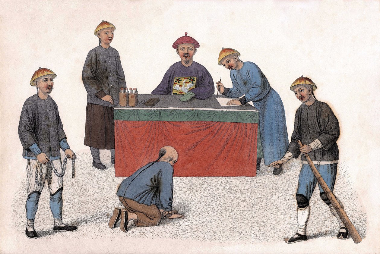 المتهم أمام قاضي التحقيق كان يساعده كاتب وسكرتير وحراس. في "معاقبة الصينيين" ، لندن بواسطة فنان غير معروف