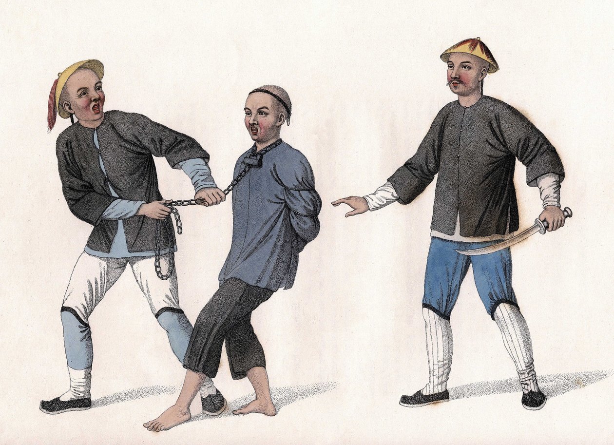 An accused is taken to prison, tied by a chain around his neck. Engraving, in “The Punishments of the Chinese”, London بواسطة فنان غير معروف