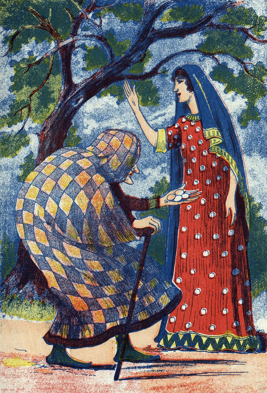 سيدة عجوز تعطي أربع بيضات لفلورين. رسم توضيحي مجهول لقصة "L'oiseau Bleu" ، حكاية الكاتبة الفرنسية مدام دي أولني (1650-1705). الصور مارسيل فاني ، جارفيل نانسي ، بدون تاريخ (أواخر القرن التاسع عشر). بواسطة فنان غير معروف