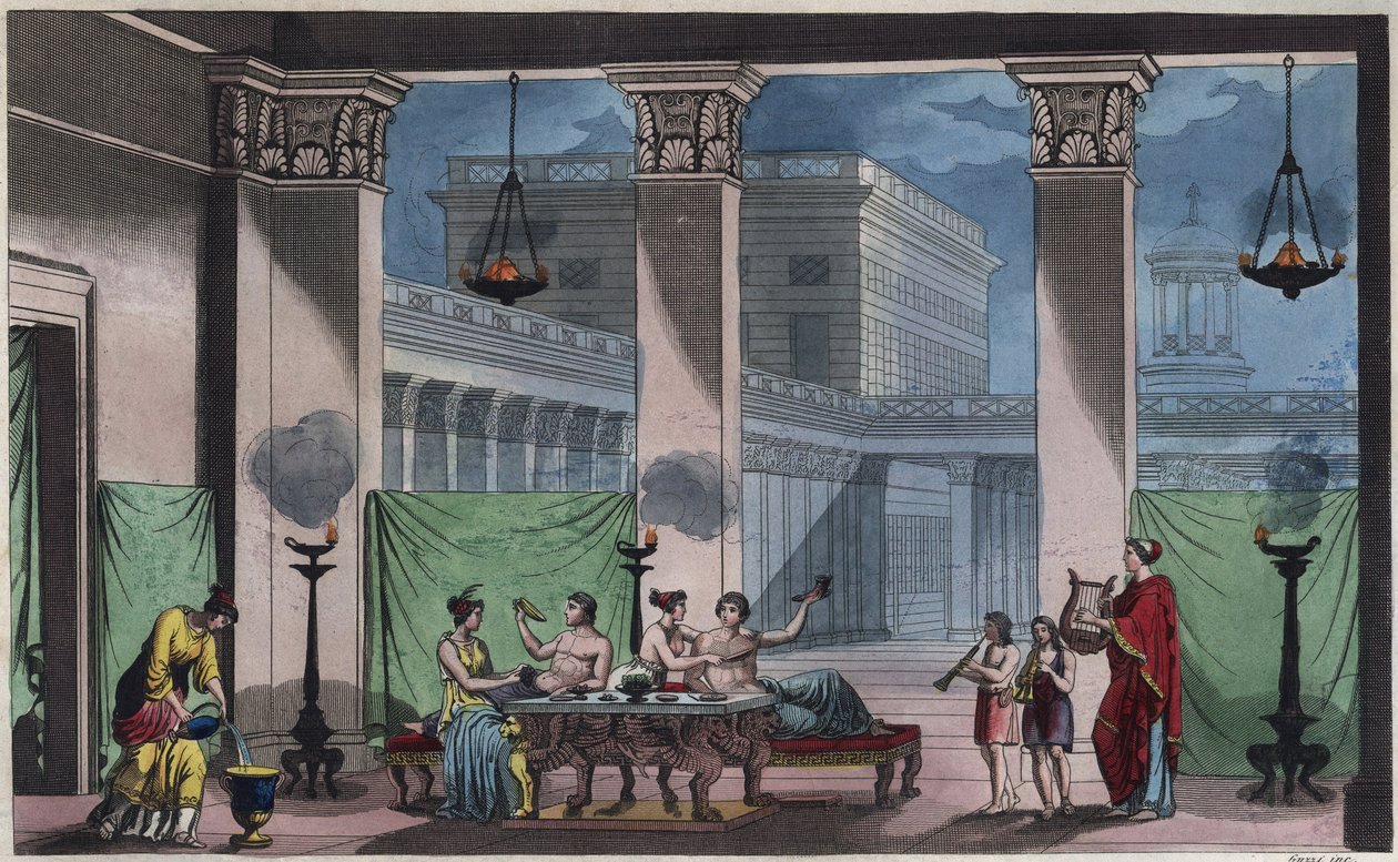 اليونان القديمة - Triclinium - نقش من عادات وتقاليد جميع شعوب الكون. أي تاريخ الحكومة ، والقوانين ، والميليشيات ، ودين جميع الأمم من أبعد الأوقات حتى يومنا هذا "1856 بواسطة فنان غير معروف