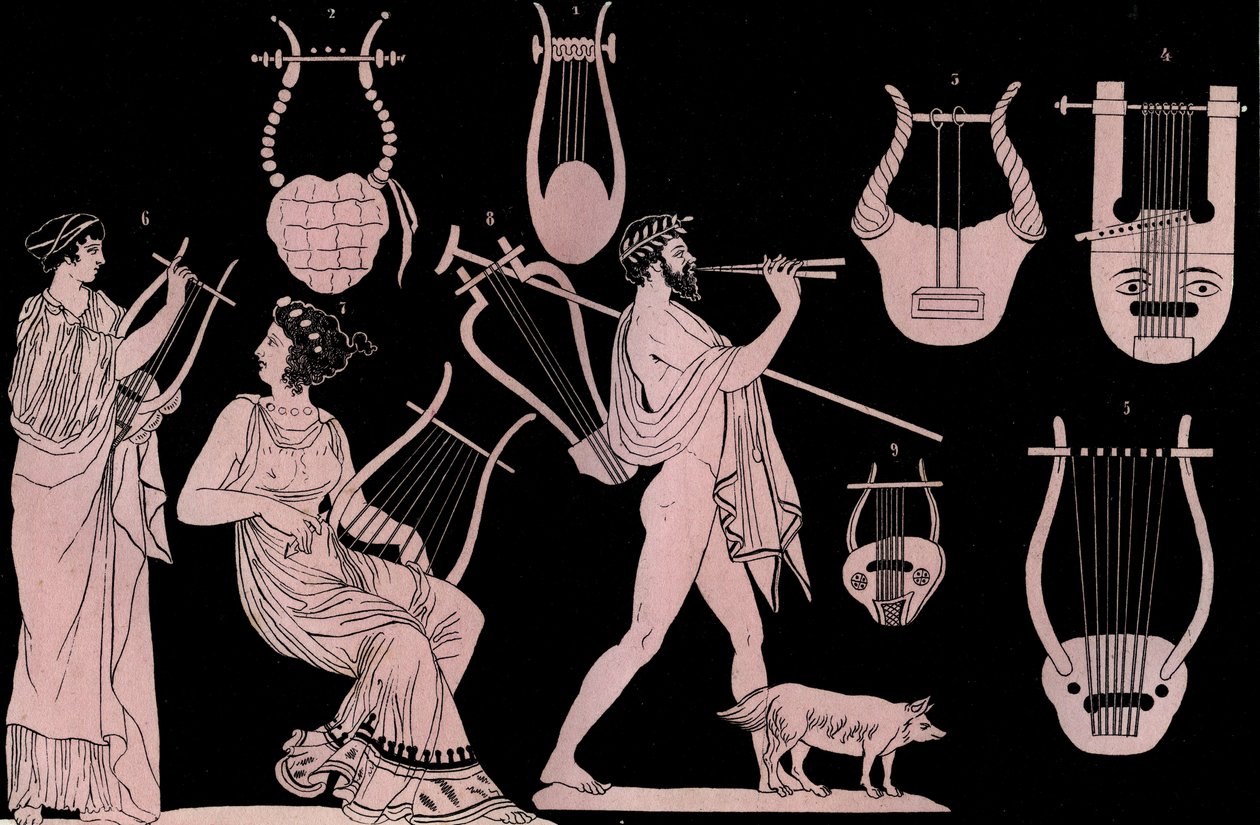 آلة موسيقية يونانية قديمة: Lyre and Cithara (cithare) (kithara) - نقش من عادات وتقاليد جميع شعوب الكون. هذا هو تاريخ الحكومة ، والقوانين ، والميليشيات ، ودين جميع الأمم من أبعد العصور حتى بواسطة فنان غير معروف