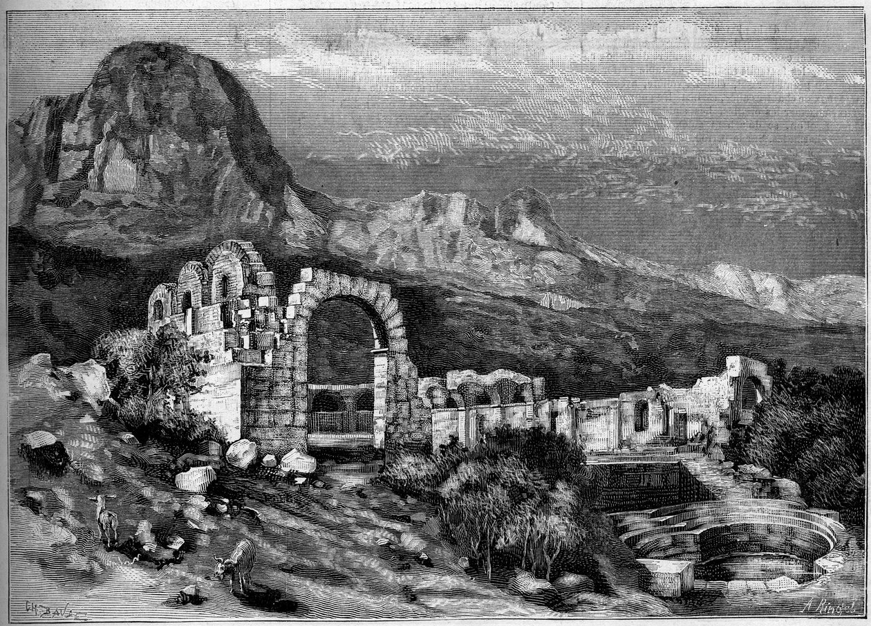 العمارة القديمة: أنقاض معبد زغوان الروماني (تونس). نقش لريوجل في "" العالم المصور "" رقم 1308 بتاريخ 22 أبريل 1882. بواسطة فنان غير معروف