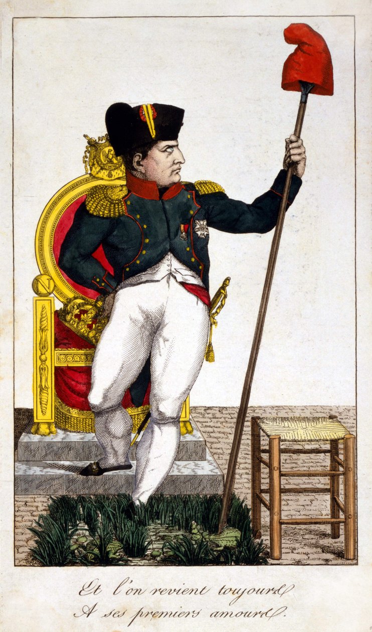 ونعود دائمًا إلى حبه الأول ، وهو رسم كاريكاتوري عن تولي نابليون الأول السلطة في عام 1815 (حلقة المائة يوم). بواسطة فنان غير معروف