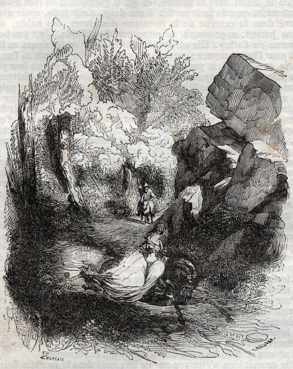 أنجيليك (أنجليكا) تفر من الناسك القديم - نقش عام 1851 من "Furious Roland" (أورلاندو فوريوسو) (القرن السادس عشر) بواسطة Ludovico Ariosto ، المعروف باسم Ariosta - طبعة مترجمة من الإيطالية بواسطة Count of Tressan ونشرها Gustave Harvard 1 بواسطة فنان غير معروف
