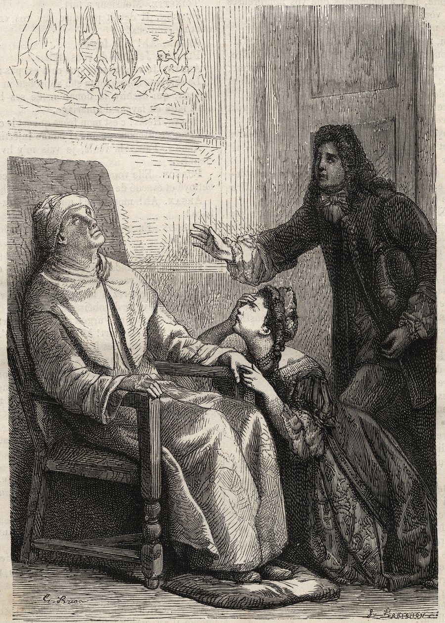أنجيليك تركع على والدها الذي تعتقد أنه مات - نقش لجين بابتيست بوكلين دي موليير (1622-1673) (الخيال غير صالح) بواسطة فنان غير معروف