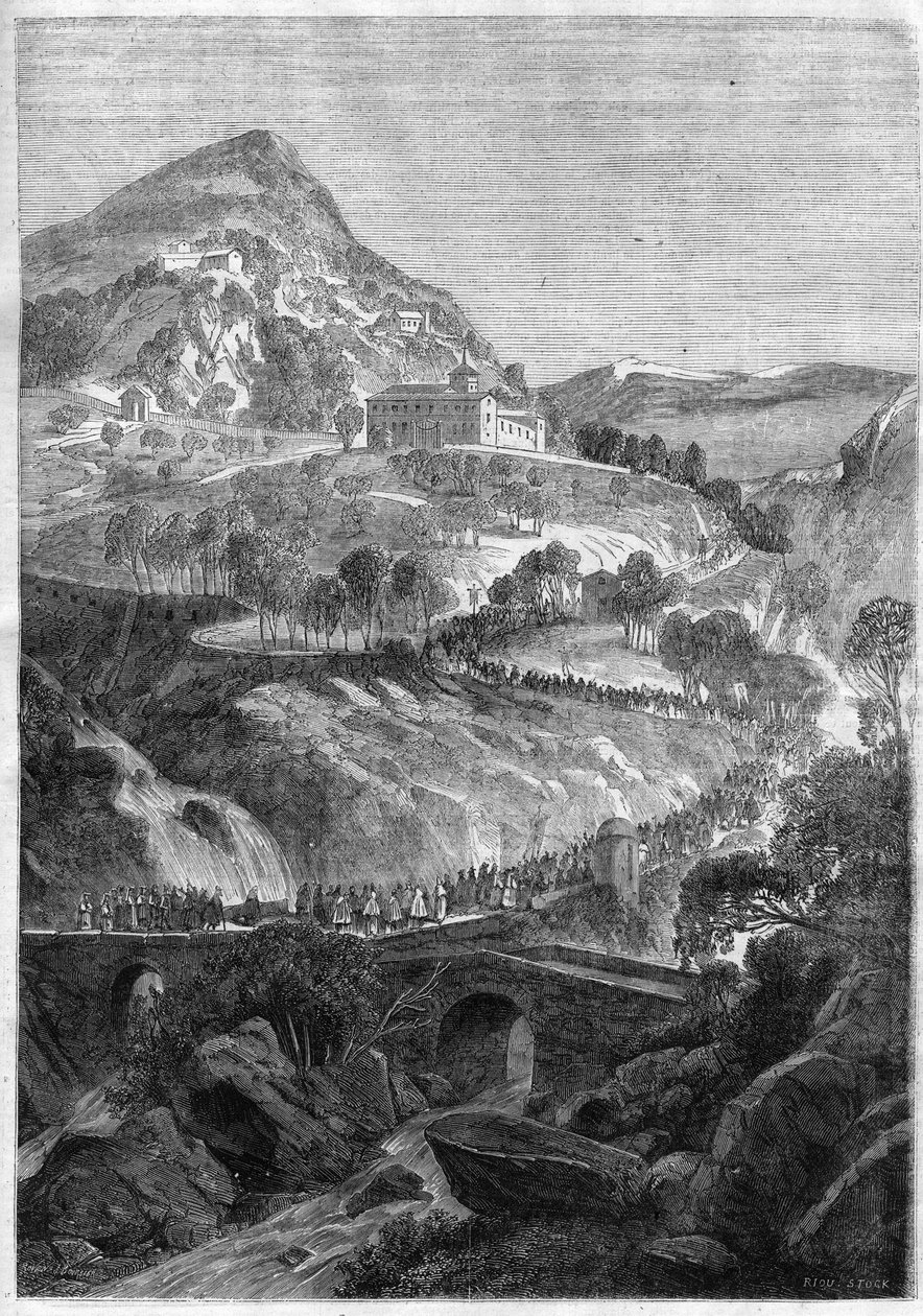 الحج السنوي في 21 مارس في دير القديس بنديكت على جبل كافو (كولي ألباني) بالقرب من روما - نقش عام 1868 بواسطة فنان غير معروف