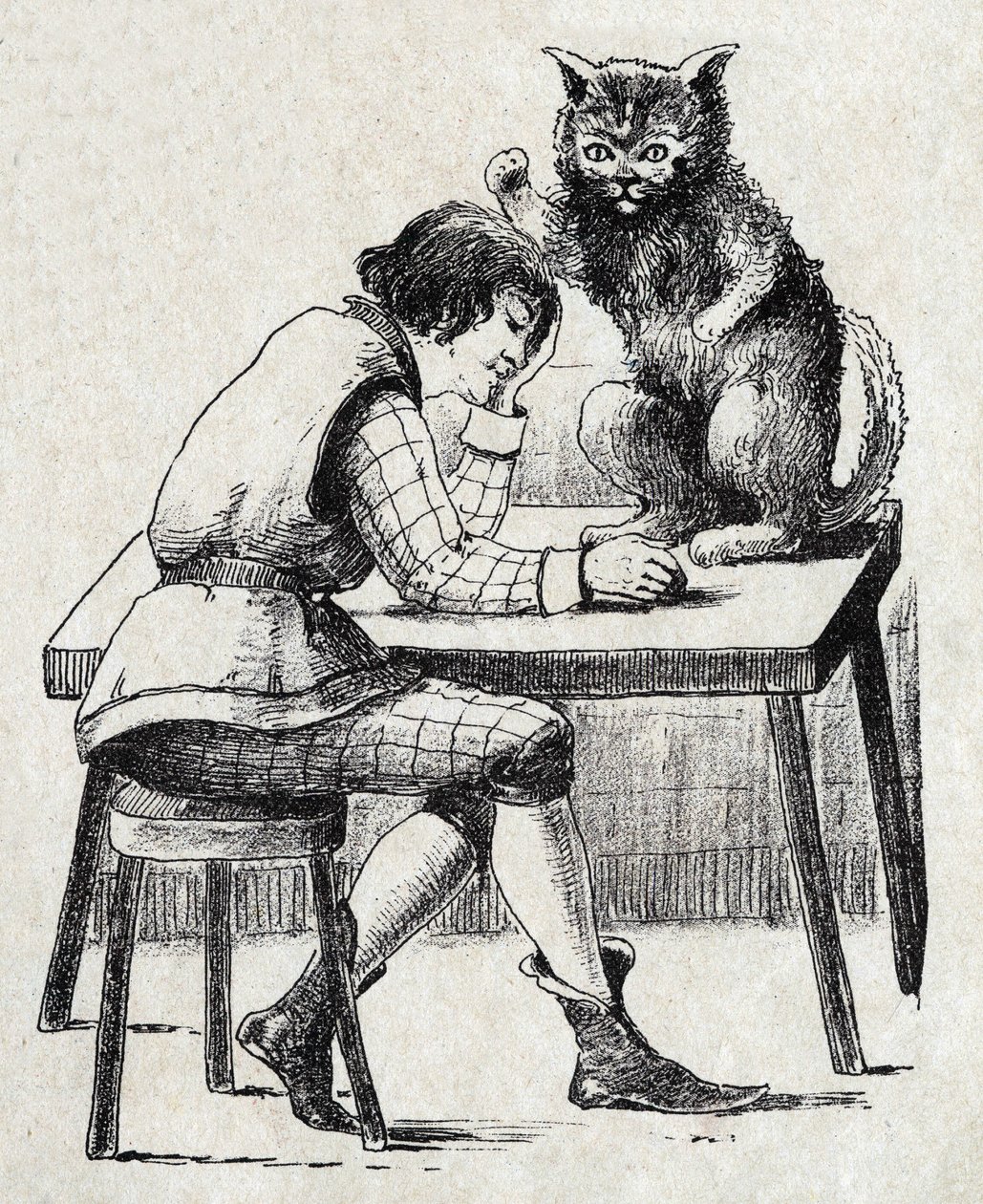 رسم توضيحي مجهول لـ "Le chat Botte" "للكاتب الفرنسي شارل بيرولت (1628-1703). الصور مارسيل فاني ، جارفيل نانسي ، بدون تاريخ (أواخر القرن التاسع عشر). بواسطة فنان غير معروف
