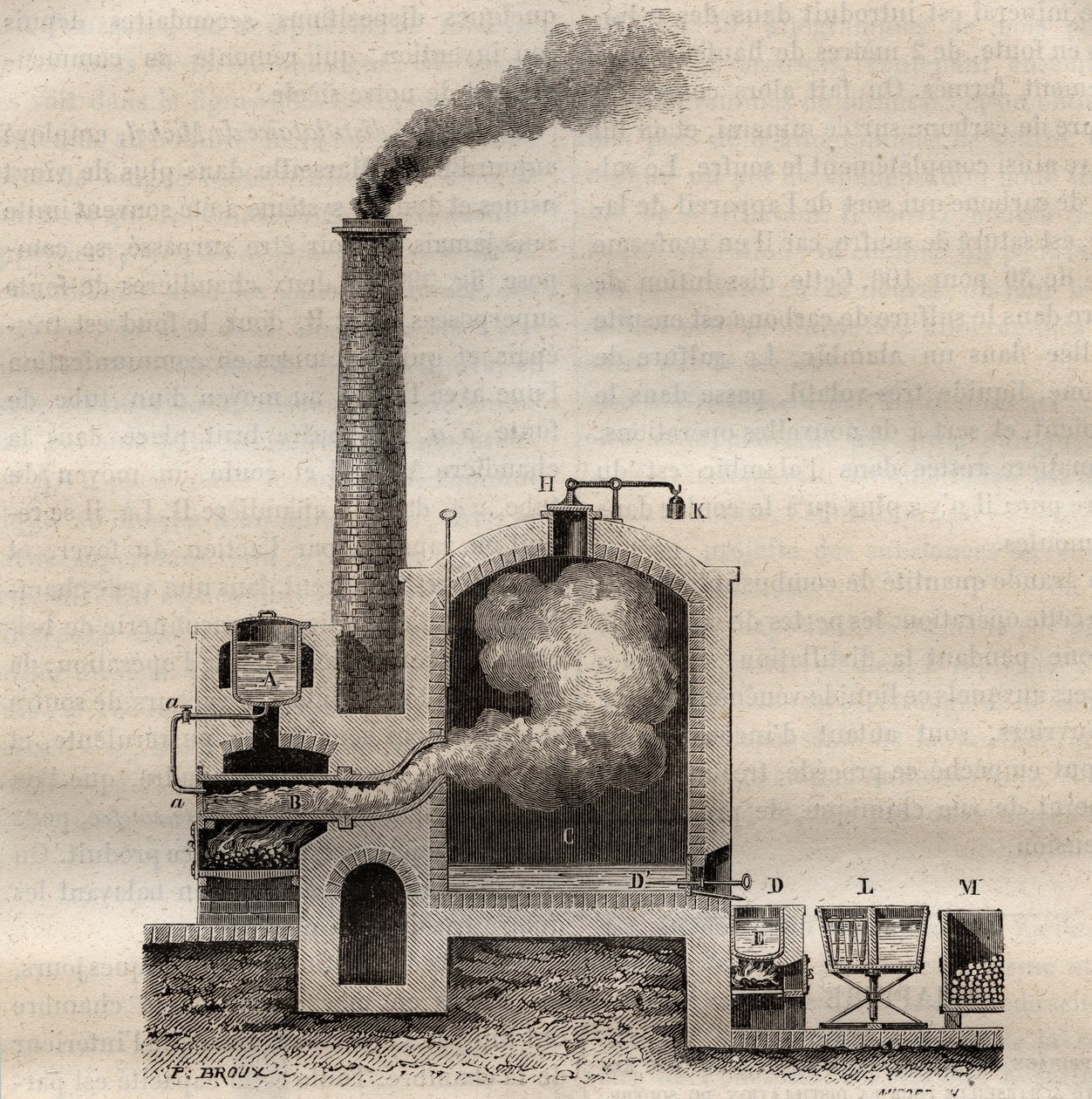 جهاز من تصميم Michel de Marseille لتقطير الكبريت الخام - نقش في Les Merveilles de l'Industrie بواسطة Louis Figuier بواسطة فنان غير معروف