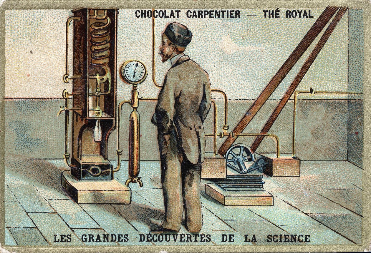 جهاز الدكتور كارل فون ليند (الفيزيائي الألماني (1842-1934) لتسريب الهواء في عام 1895 بواسطة فنان غير معروف