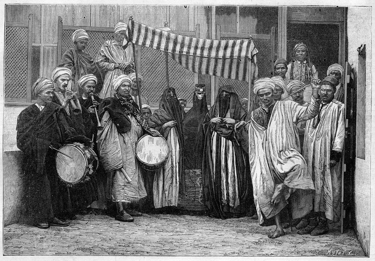 العرف العربي في مصر: كورتيج العرسان في القاهرة. نقش في "" Le Monde Illustré "" بواسطة فنان غير معروف