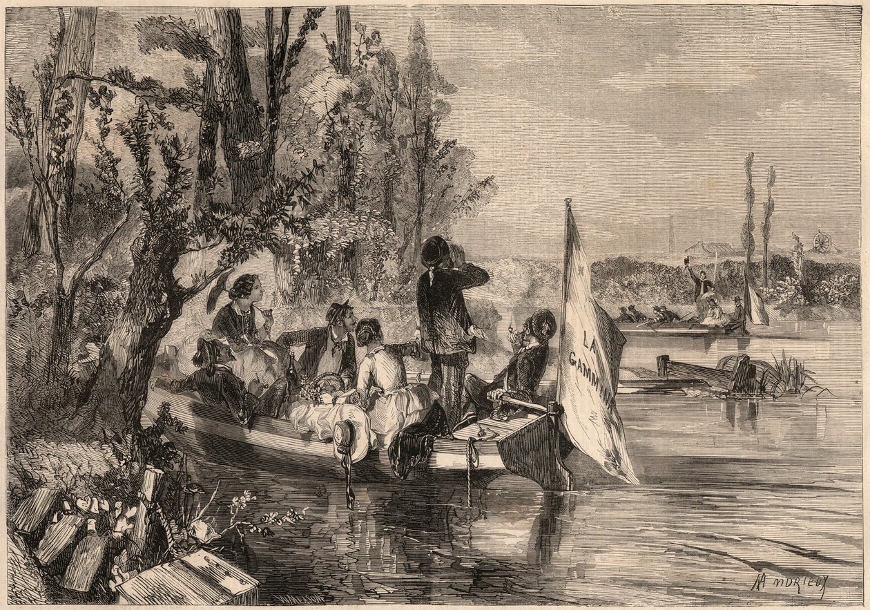 حول باريس عام 1857. زوارق الكانو في Asnieres. نقش في "لوموند لامع" من عام 1857. مجموعة خاصة. بواسطة فنان غير معروف