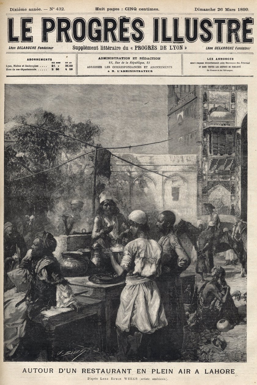 حول مطعم في الهواء الطلق في لاهور ، باكستان - غلاف "التقدم اللامع" لشهر مارس 1899 - بواسطة فنان غير معروف