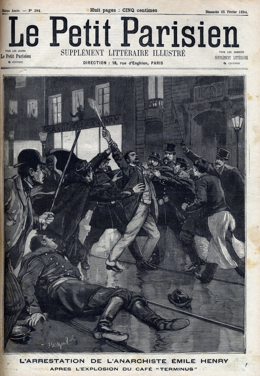 اعتقال الأناركي إميل هنري (1872-1894) بعد انفجار مقهى "تيرمينوس" في باريس. نقش في "" Le Parisien "" بواسطة فنان غير معروف