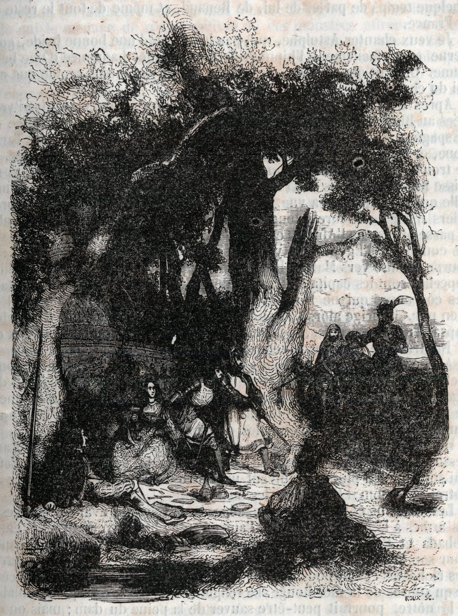 وصول Rodomont و Mandricard إلى نافورة Merlin - نقش 1851 من "Roland furieux" (أورلاندو فوريوسو) (القرن السادس عشر) بواسطة Ludovico Ariosto ، المعروف باسم Ariosta - طبعة مترجمة من الإيطالية بواسطة Count of Tressan ونشرها بواسطة فنان غير معروف