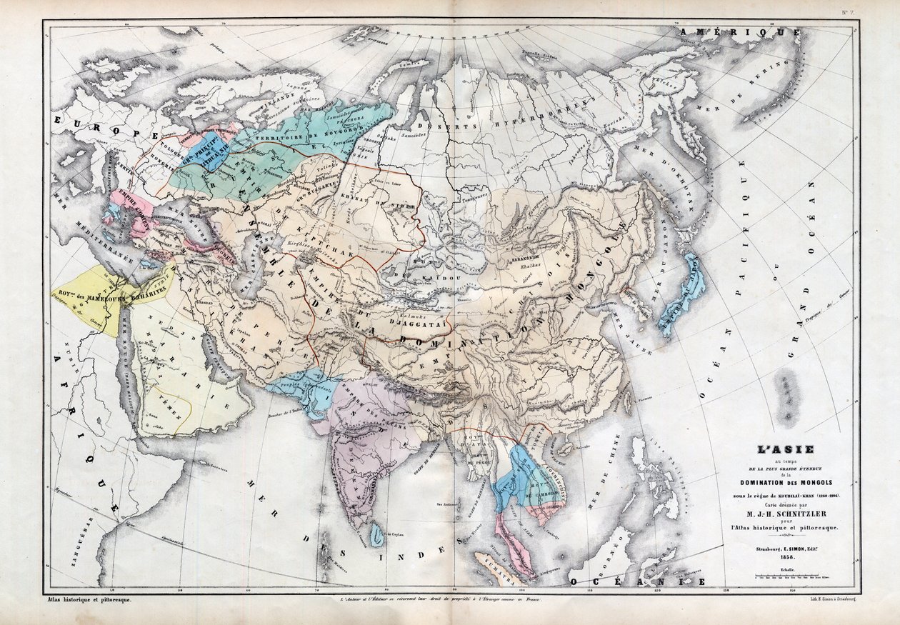 آسيا في وقت أقصى حد للهيمنة المغولية تحت حكم قبلاي (قوبلاي خان) (1260-1294) - خريطة أعدها إم جيه إتش شنيتزلر ، الأطلس التاريخي والرائع 1857 بواسطة فنان غير معروف
